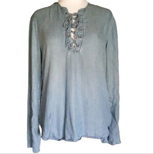Thread & Supply Lace Up Chambray Long Sleeve Blouse Top Size Small